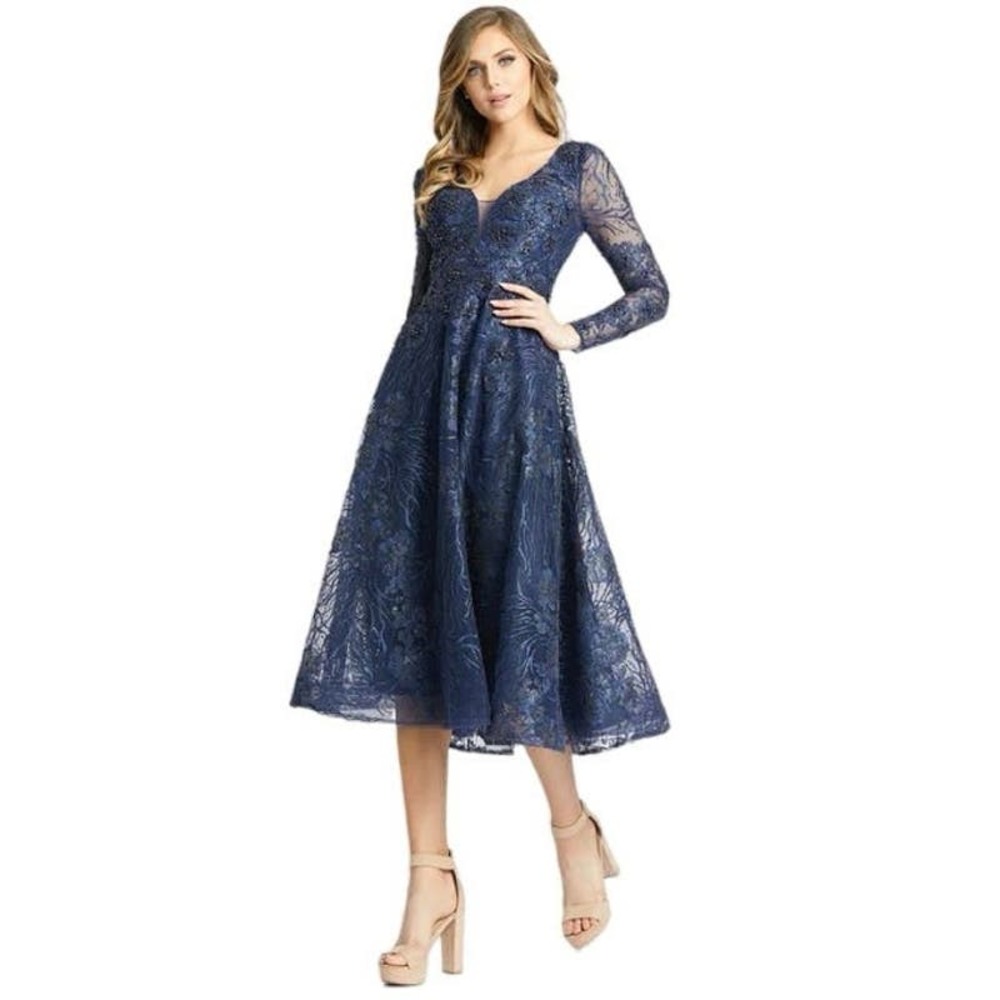 Mac Duggal EMBELLISHED PLUNGE NECK ILLUSION LONG SLEEVE MIDI Size 18 NWT